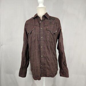 G Star Raw Denim Western Pearl Snap Shirt Men's L Brown Trucker Navigator Logo